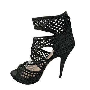 Miu Miu Womens Heels EU37.5 Black Caged Stiletto Heel Open Toe Zip Booties Shoes